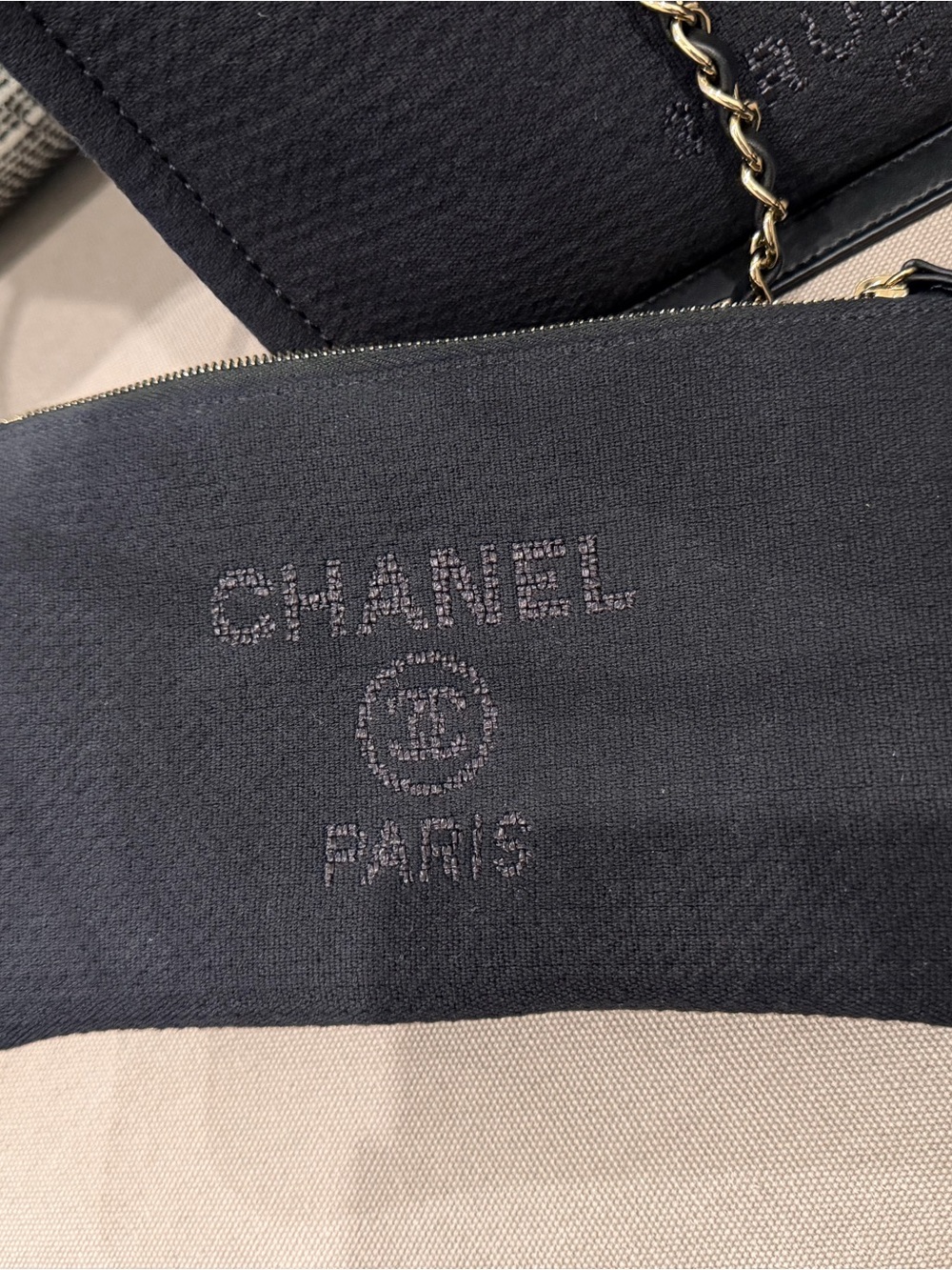 CHANEL Black Canvas Tote with Leather Handles and Gold Chain Accents - Picture 5 of 14